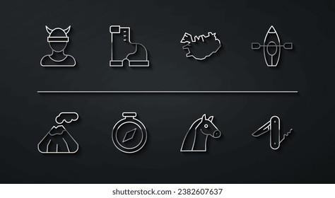Set line Viking head, Volcano, Kayak and paddle, Horse, Compass, Winter warm boot, Swiss army knife and Map of Iceland icon. Vector