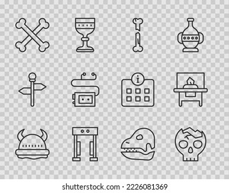 Set Line Viking In Horned Helmet, Broken Human Skull, Human Broken Bone, Metal Detector, Crossed Bones, Museum Audio Guide, Dinosaur And Glass Showcase For Exhibit Icon. Vector