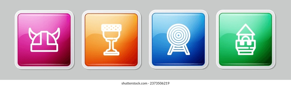 Set line Viking in horned helmet, Medieval goblet, Target with arrow and Castle tower. Colorful square button. Vector