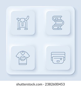 Set line Viking in horned helmet, Book, T-shirt and Waist bag of banana. White square button. Vector