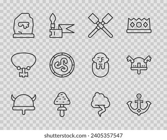 Set line Viking in horned helmet, Anchor, Oars paddles boat, Mushroom, Magic rune, Shield viking, Cloud and lightning and  icon. Vector