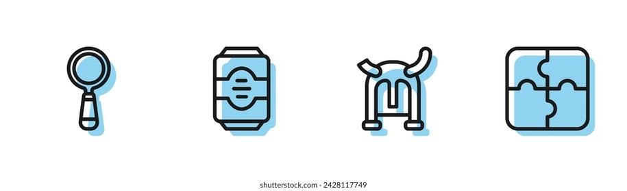 Set line Viking in horned helmet, Magnifying glass, Energy drink and Piece of puzzle icon. Vector