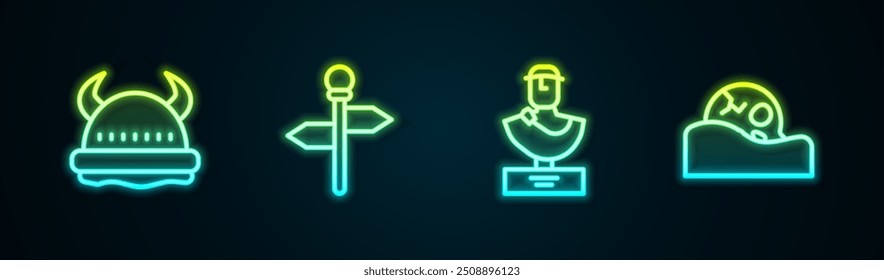 Set line Viking in horned helmet, Road traffic signpost, Ancient bust sculpture and Human skull. Glowing neon icon. Vector