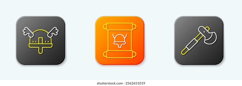 Set line Viking in horned helmet, Decree, parchment, scroll and Wooden axe icon. Vector