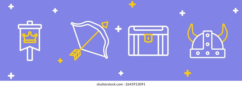 Conjunto de línea vikingo en casco con cuernos, cofre del tesoro antiguo, arco medieval y flecha e icono de bandera. Vector