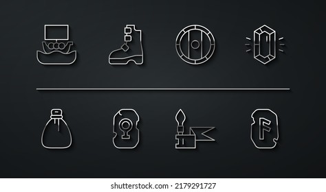 Set line Viking ship Drakkar, Old money bag, Gem stone, Medieval spear, Magic rune, Ancient viking boots,  and Shield icon. Vector