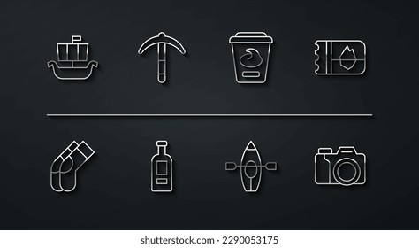 Set line Viking ship Drakkar, Socks, Ticket Iceland, Kayak paddle, Bottle of vodka, Pickaxe, Photo camera and Yogurt container icon. Vector