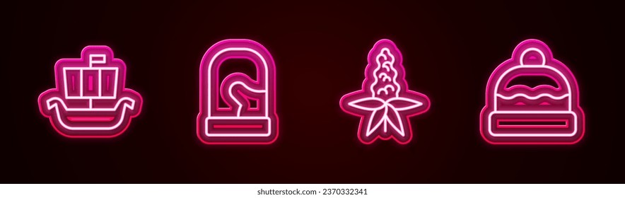 Set line Viking ship Drakkar, Christmas mittens, Lupine flower and Beanie hat. Glowing neon icon. Vector