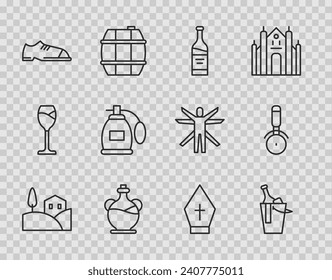 Set line Village landscape, Bottle of wine in bucket, olive oil, Men shoes, Perfume, Pope hat and Pizza knife icon. Vector