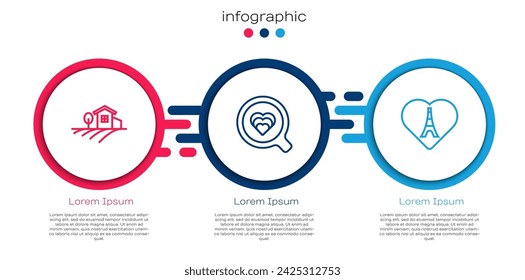 Paisaje del pueblo, taza de café y torre Eiffel con corazón. Plantilla de infografía de negocios. Vector