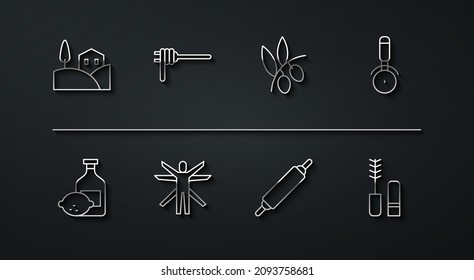 Set Line Village Landscape, Limoncello Bottle, Pizza Knife, Rolling Pin, Vitruvian Man, Pasta Spaghetti, Mascara Brush And Olives Branch Icon. Vector