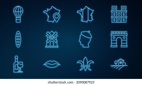 Set line Village landscape, Triumphal Arch, Map of France, Windmill, French baguette bread, Hot air balloon, man and  icon. Vector