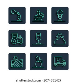 Set line Vineyard wine grapes, Decanter for, Wine truck, time, glass, Tractor, tasting, degustation and Sun and cloud weather icon. Vector