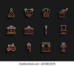 Set line Vintage bicycle, Firework rocket, Party hat, Circus curtain raises, Attraction carousel, tent, Magician and wand icon. Vector