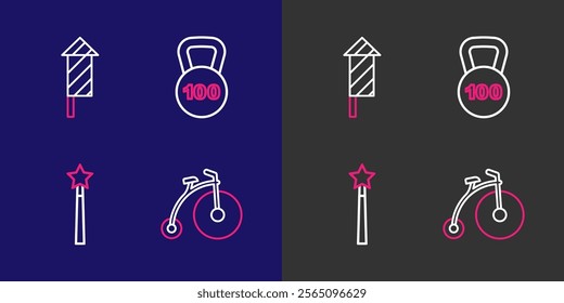 Set line Vintage bicycle, Magic wand, Weight and Firework rocket icon. Vector