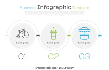 Set line Vintage bicycle with one big wheel and one small, Paper glass with drinking straw and water and Attraction carousel. Business infographic template. Vector