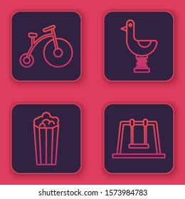 Set line Vintage bicycle with one big wheel and one small, Popcorn in cardboard box, Riding kid duck and Swing. Blue square button. Vector