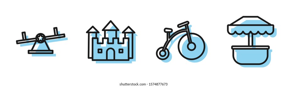 Set line Vintage bicycle with one big wheel and one small, Seesaw, Castle and Attraction carousel icon. Vector
