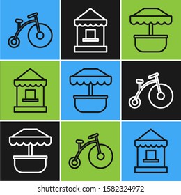 Set line Vintage bicycle with one big wheel and one small, Attraction carousel and Ticket box office icon. Vector