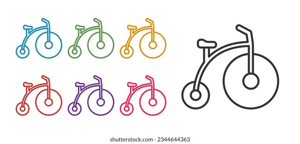 Set line Vintage bicycle with one big wheel and one small icon isolated on white background. Bike public transportation sign. Set icons colorful. Vector
