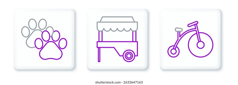 Set line Vintage bicycle with one big wheel and one small, Paw print and Fast street food cart awning icon. Vector