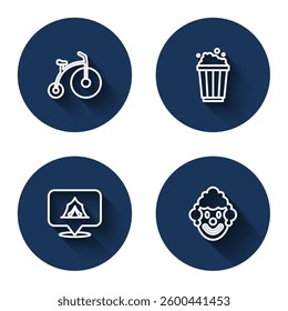 Set line Vintage bicycle, Popcorn cardboard box, Circus tent and Clown head with long shadow. Blue circle button. Vector