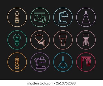 Set line Vintage street light, Floor lamp, Table, Wall sconce, Light bulb,  and Led track lights and lamps icon. Vector