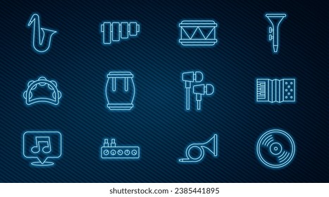 Set line Vinyl disk, Accordion, Drum, Tambourine, Musical instrument saxophone, Air headphones and Pan flute icon. Vector