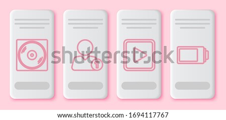 Set line Vinyl disk, Add to friend, Play in square and Battery charge level indicator. White rectangle button. Vector