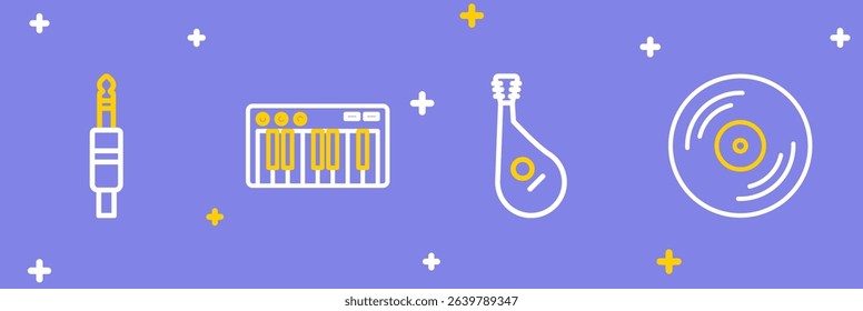 Set line Vinyl disk, Bandura, Music synthesizer and Audio jack icon. Vector