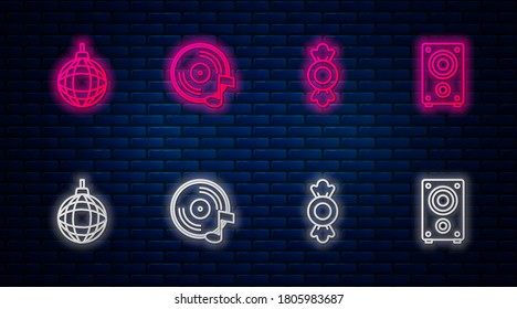 Set line Vinyl disk, Candy, Disco ball and Stereo speaker. Glowing neon icon on brick wall. Vector