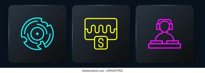 Set line Vinyl disk, DJ playing music and Music wave equalizer. Black square button. Vector