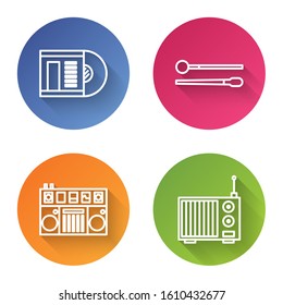 Set line Vinyl disk, Drum sticks, DJ remote for playing and mixing music and Radio with antenna. Color circle button. Vector