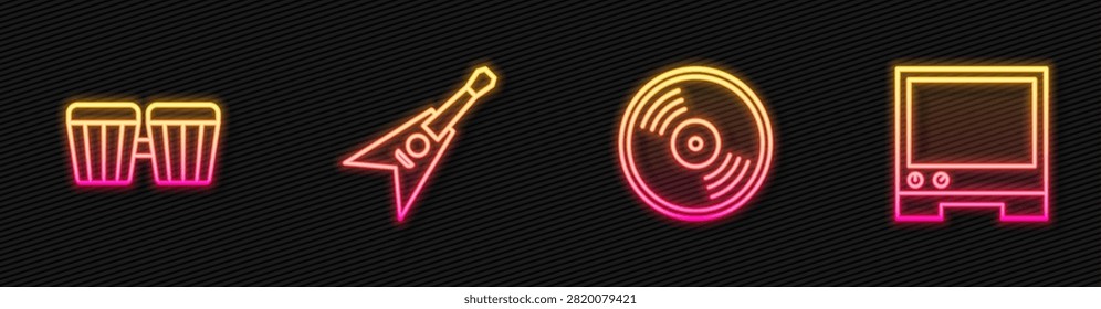 Set line Vinyl disk, Drum, Electric bass guitar and Voice assistant. Glowing neon icon. Vector