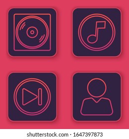 Set line Vinyl Disk, Fast Forward, Music Note, Ton und Add to Freund. Blauer Quadrat-Knopf. Vektorillustration