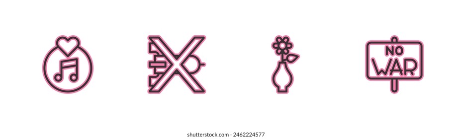 Set line Vinyl disk, Flower vase, No war and  icon. Vector