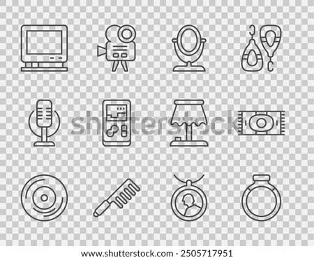 Set line Vinyl disk, Gold ring, Round makeup mirror, Hairbrush, Retro tv, Portable video game console, Locket necklace and Classic carpet icon. Vector