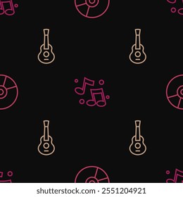 Set line Vinyl disk, Guitar and Music note, tone on seamless pattern. Vector