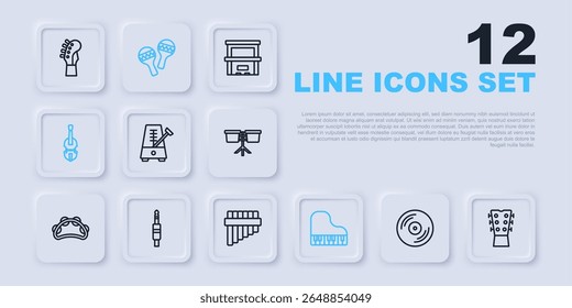 Set line Vinyl disk, Guitar neck, Metronome with pendulum, Grand piano, Violin, Audio jack, Maracas and Pan flute icon. Vector