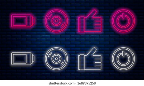 Set line Vinyl disk, Hand like, Battery charge level indicator and Power button. Glowing neon icon on brick wall. Vector