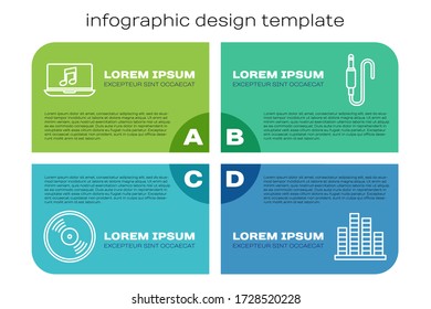 Ajuste el disco Vinyl de línea, portátil con nota de música, ecualizador de música y jack de audio. Plantilla de infografía de negocios. Vector