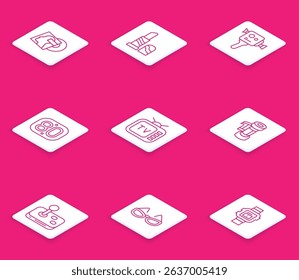 Set line Vinyl disk, Lipstick, Retro cinema camera, 80s, tv, Camera roll cartridge, Joystick and Glasses icon. Vector