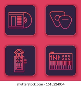 Set line Vinyl disk, Microphone, Guitar pick and Music synthesizer. Blue square button. Vector
