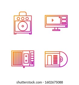 Set line Vinyl disk, Music tape player, Guitar amplifier and Video recorder or editor software on monitor. Gradient color icons. Vector