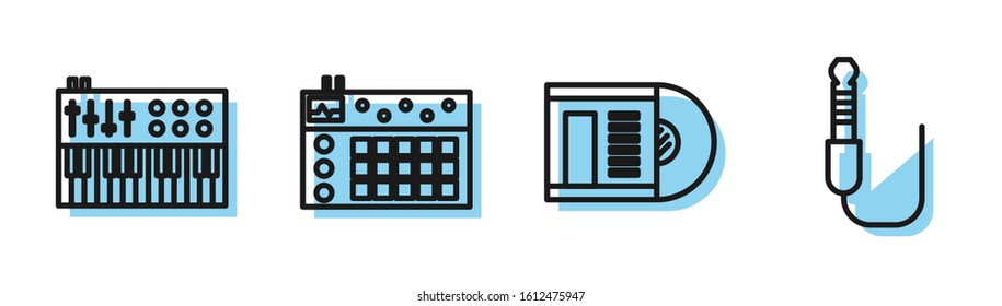 Set line Vinyl disk, Music synthesizer, Drum machine and Audio jack icon. Vector