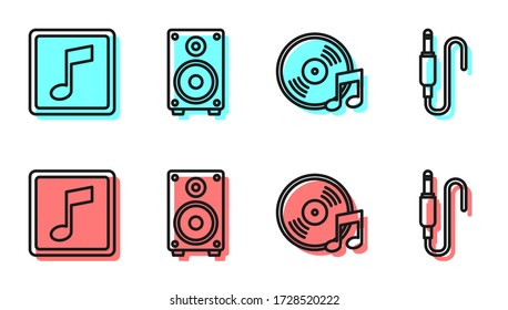 Fijar línea disco Vinyl, nota musical, tono, altavoz estéreo e icono de toma de audio. Vector