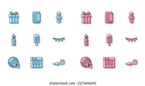 Set Line Vinyl Disk, Music Synthesizer, Gift Box, Birthday Party Horn, Ice Cream, Carnival Garland With Flags, Cake Candles And Beer Icon. Vector