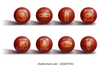 Set line Vinyl disk, Music note, tone, Picture landscape, Portable video game console, Stereo speaker, Cinema glasses, Joystick for arcade machine and Pencil with eraser icon. Vector