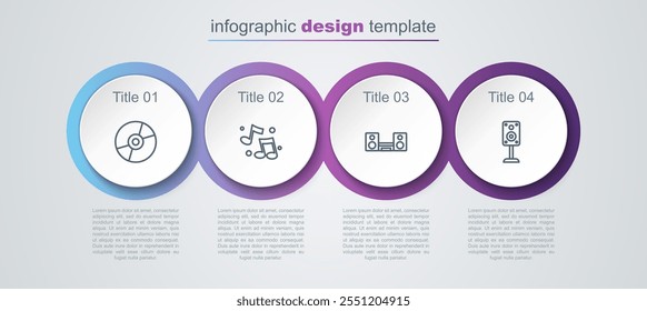 Set line Vinyl disk, Music note, tone, Home stereo with two speakers and Stereo. Business infographic template. Vector