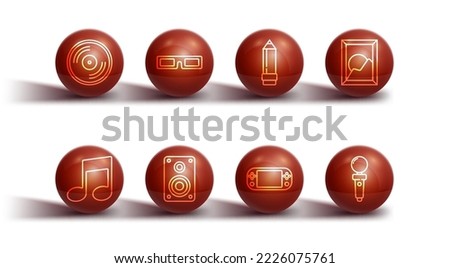 Set line Vinyl disk, Music note, tone, Picture landscape, Portable video game console, Stereo speaker, Cinema glasses, Joystick for arcade machine and Pencil with eraser icon. Vector
